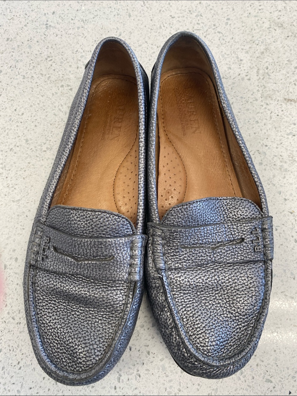 Metallic Gray Leather Penny Loafers -ladies